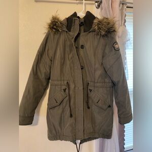 Olive green lined winter coat with fur hood from Abercrombie